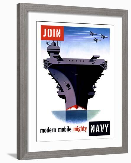 Vintage World War II Poster of An Aircraft Carrier with Three Planes Flying Overhead-Stocktrek Images-Framed Photographic Print