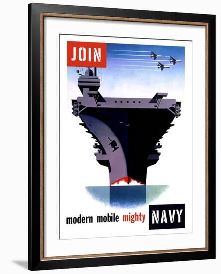 Vintage World War II Poster of An Aircraft Carrier with Three Planes Flying Overhead-Stocktrek Images-Framed Photographic Print