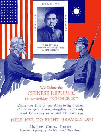 Vintage World War II Poster of Uncle Sam Shaking Hands with a Chinese  Soldier