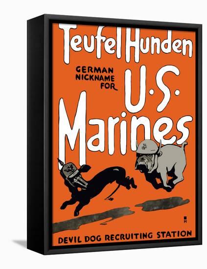 Vintage World War One Poster of a Marine Corps Bulldog Chasing a German Dachshund-Stocktrek Images-Framed Premier Image Canvas