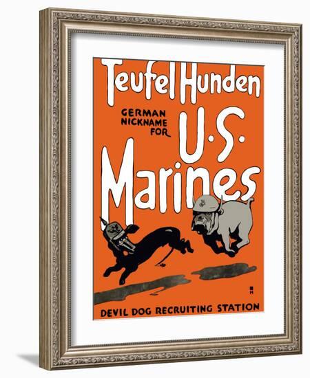 Vintage World War One Poster of a Marine Corps Bulldog Chasing a German Dachshund-Stocktrek Images-Framed Photographic Print