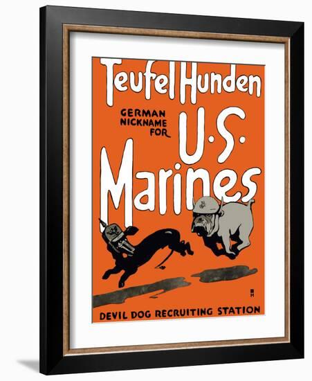 Vintage World War One Poster of a Marine Corps Bulldog Chasing a German Dachshund-Stocktrek Images-Framed Photographic Print