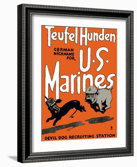Vintage World War One Poster of a Marine Corps Bulldog Chasing a German Dachshund-Stocktrek Images-Framed Photographic Print
