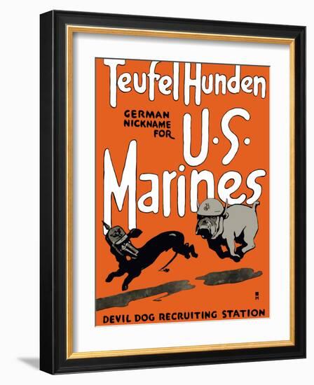 Vintage World War One Poster of a Marine Corps Bulldog Chasing a German Dachshund-Stocktrek Images-Framed Photographic Print