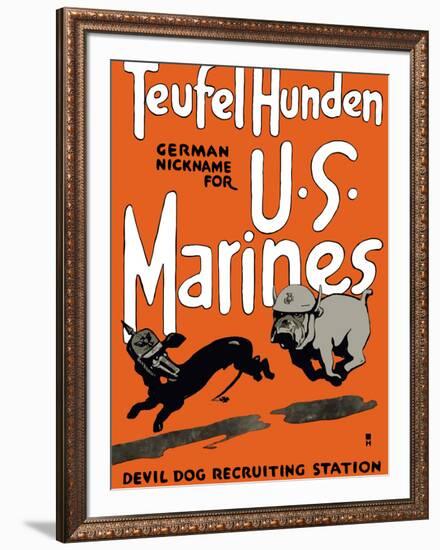 Vintage World War One Poster of a Marine Corps Bulldog Chasing a German Dachshund-Stocktrek Images-Framed Photographic Print