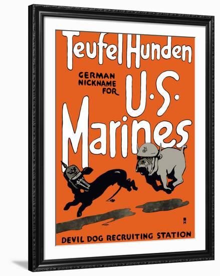 Vintage World War One Poster of a Marine Corps Bulldog Chasing a German Dachshund-Stocktrek Images-Framed Photographic Print