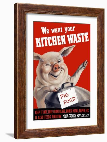 Vintage World Ware II Poster Featuring a Pig Standing with a Garbage Can-Stocktrek Images-Framed Art Print