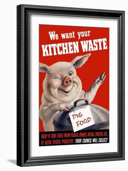 Vintage World Ware II Poster Featuring a Pig Standing with a Garbage Can-Stocktrek Images-Framed Art Print