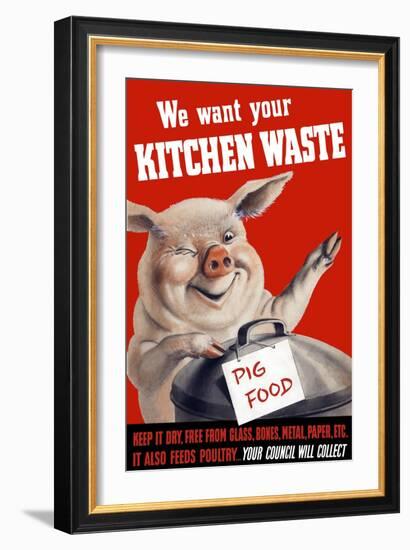 Vintage World Ware II Poster Featuring a Pig Standing with a Garbage Can-Stocktrek Images-Framed Art Print