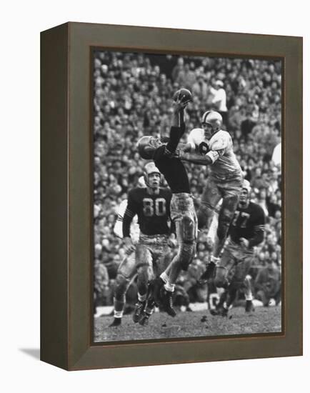 Violent Action: Don Helleder Trying to Retrieve Ball from Navy Defense During Army-Navy Game-John Dominis-Framed Premier Image Canvas