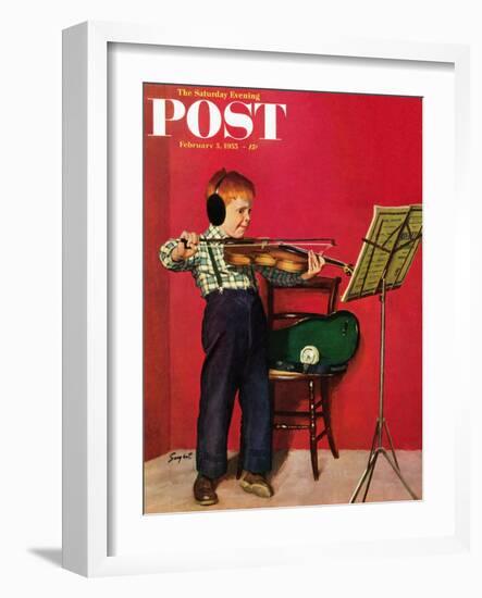 "Violin Practice" Saturday Evening Post Cover, February 5, 1955-Richard Sargent-Framed Giclee Print