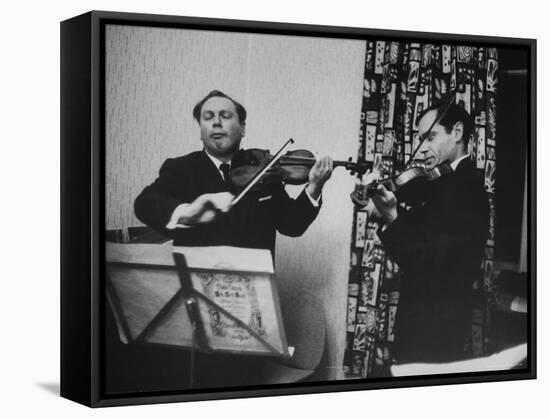 Violinist Isaac Stern Playing at Party with Violinist Leonid Kogan-Carl Mydans-Framed Premier Image Canvas