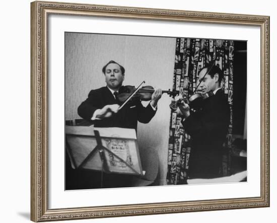 Violinist Isaac Stern Playing at Party with Violinist Leonid Kogan-Carl Mydans-Framed Premium Photographic Print