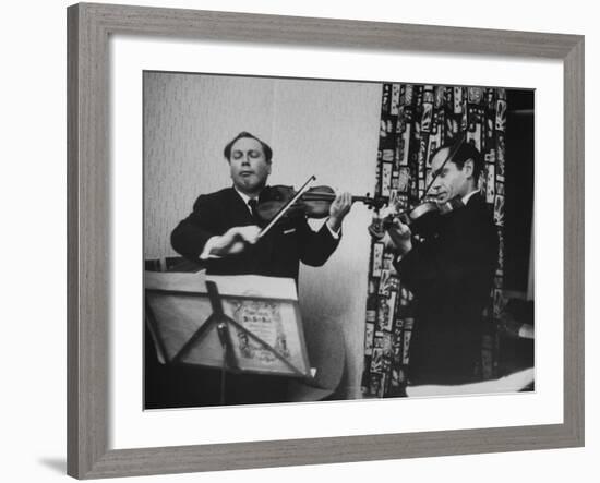 Violinist Isaac Stern Playing at Party with Violinist Leonid Kogan-Carl Mydans-Framed Premium Photographic Print