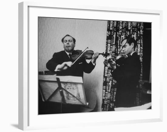 Violinist Isaac Stern Playing at Party with Violinist Leonid Kogan-Carl Mydans-Framed Premium Photographic Print