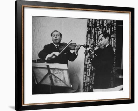 Violinist Isaac Stern Playing at Party with Violinist Leonid Kogan-Carl Mydans-Framed Premium Photographic Print