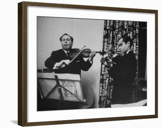 Violinist Isaac Stern Playing at Party with Violinist Leonid Kogan-Carl Mydans-Framed Premium Photographic Print