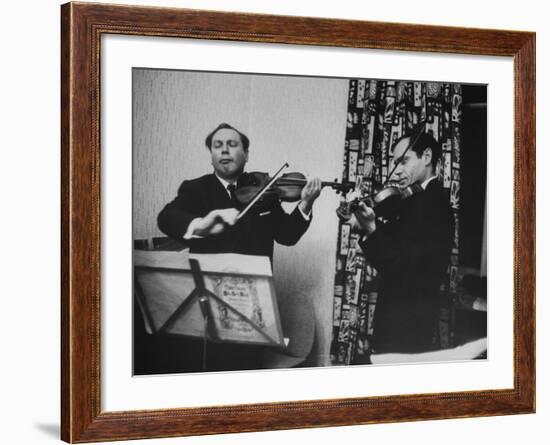 Violinist Isaac Stern Playing at Party with Violinist Leonid Kogan-Carl Mydans-Framed Premium Photographic Print