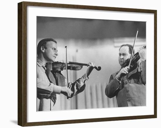 Violinists David Oistrakh and Yehudi Menuhin Rehearsing for United Nations Concert-Loomis Dean-Framed Premium Photographic Print