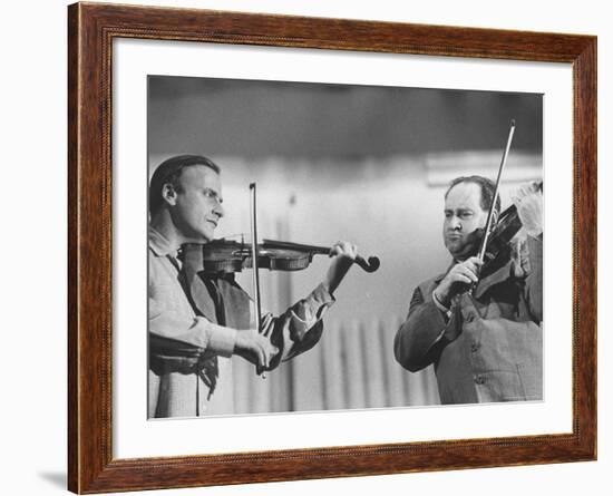 Violinists David Oistrakh and Yehudi Menuhin Rehearsing for United Nations Concert-Loomis Dean-Framed Premium Photographic Print