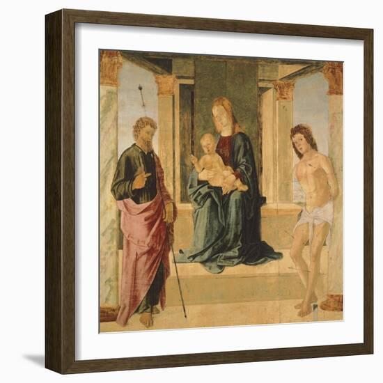 Virgin and Child Enthroned, with St James and St Sebastian-Lorenzo Costa-Framed Giclee Print