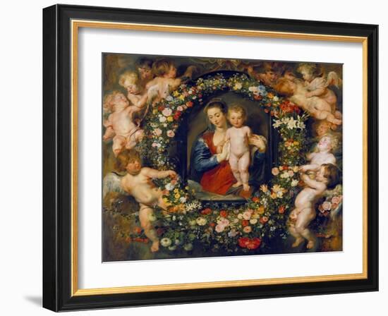 Virgin and Child in a Garland. the Garland by Jan Brueghel D.Ae. (1568-1625), about 1616/17-Peter Paul Rubens-Framed Giclee Print