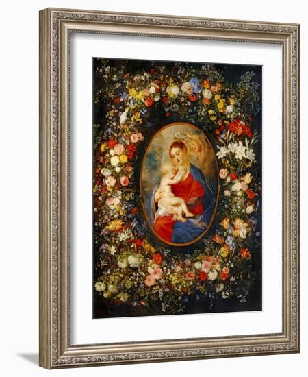 Virgin and Child with Angels Amonst a Garland of Flowers, Medaillon Rubens-Jan Brueghel the Elder-Framed Giclee Print