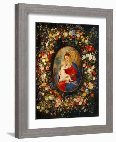 Virgin and Child with Angels Amonst a Garland of Flowers, Medaillon Rubens-Jan Brueghel the Elder-Framed Giclee Print