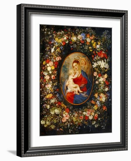 Virgin and Child with Angels Amonst a Garland of Flowers, Medaillon Rubens-Jan Brueghel the Elder-Framed Giclee Print