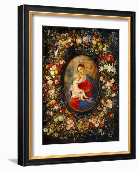 Virgin and Child with Angels Amonst a Garland of Flowers, Medaillon Rubens-Jan Brueghel the Elder-Framed Giclee Print