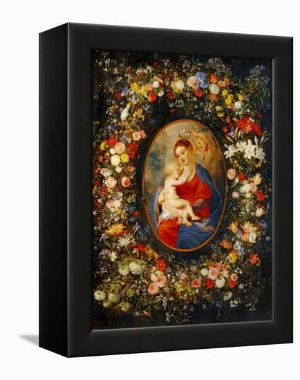 Virgin and Child with Angels Amonst a Garland of Flowers, Medaillon Rubens-Jan Brueghel the Elder-Framed Premier Image Canvas