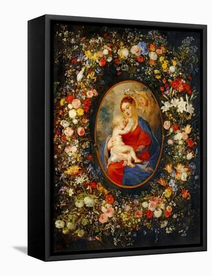 Virgin and Child with Angels Amonst a Garland of Flowers, Medaillon Rubens-Jan Brueghel the Elder-Framed Premier Image Canvas