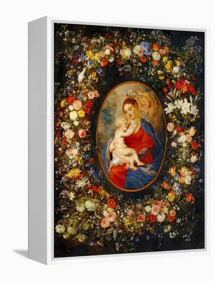 Virgin and Child with Angels Amonst a Garland of Flowers, Medaillon Rubens-Jan Brueghel the Elder-Framed Premier Image Canvas