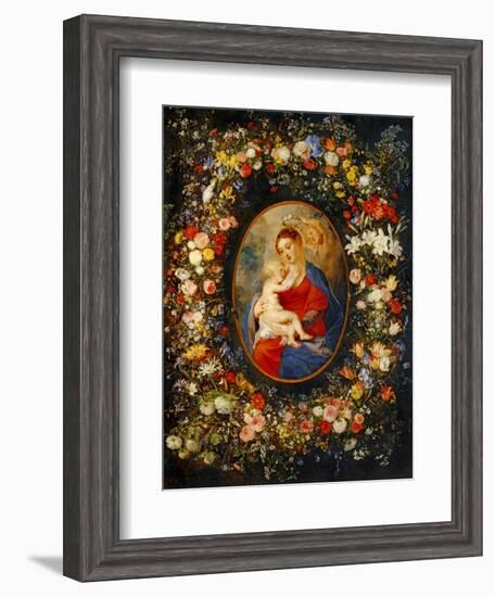 Virgin and Child with Angels Amonst a Garland of Flowers, Medaillon Rubens-Jan Brueghel the Elder-Framed Giclee Print