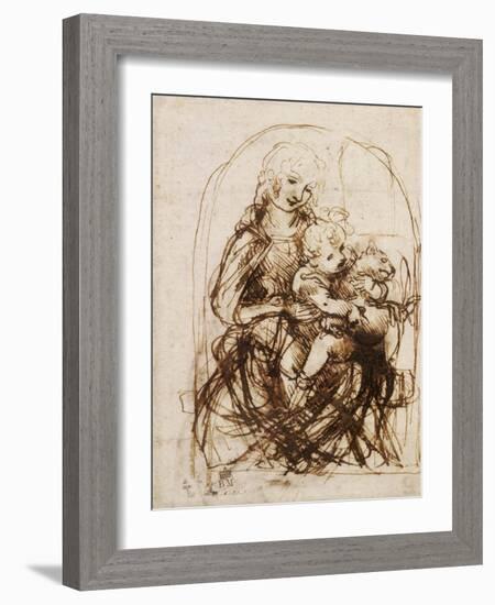 Virgin and Child with Cat, a Drawing-Leonardo da Vinci-Framed Art Print