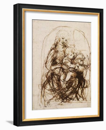 Virgin and Child with Cat, a Drawing-Leonardo da Vinci-Framed Art Print