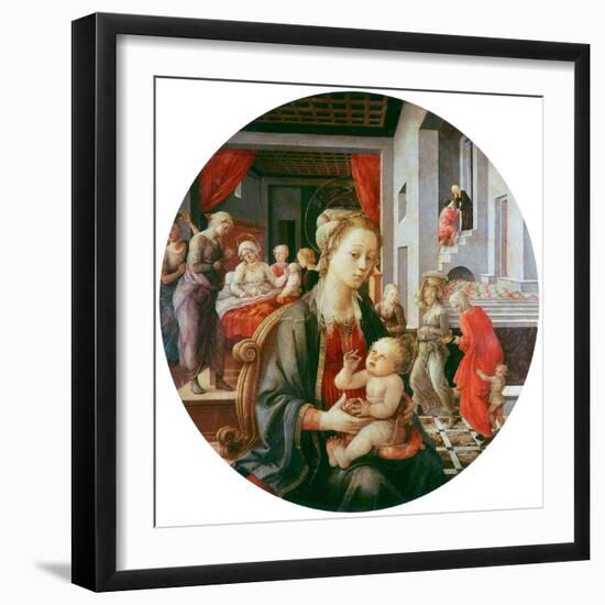 Virgin and Child with Life of Saint Anne and Birth of the Virgin, Tondo, 1452-Fra Filippo Lippi-Framed Giclee Print