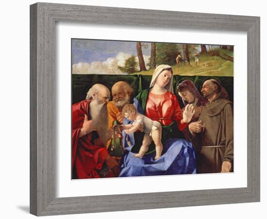 Virgin and Child with Saints Jerome, Peter, Clare and Francis, C.1505-10-Lorenzo Lotto-Framed Giclee Print