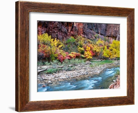 Virgin River and Rock Face at Big Bend, Zion National Park, Springdale, Utah, USA-null-Framed Photographic Print