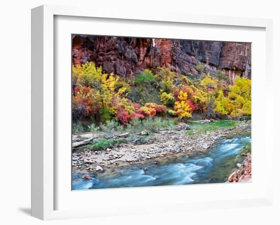 Virgin River and Rock Face at Big Bend, Zion National Park, Springdale, Utah, USA-null-Framed Photographic Print