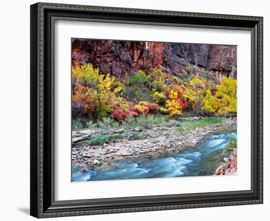 Virgin River and Rock Face at Big Bend, Zion National Park, Springdale, Utah, USA-null-Framed Photographic Print