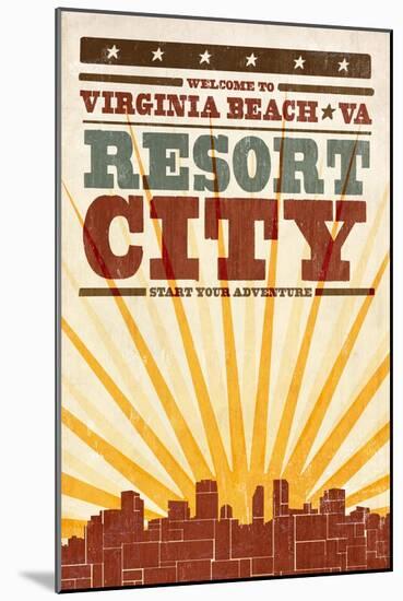 Virginia Beach, Virginia - Skyline and Sunburst Screenprint Style-Lantern Press-Mounted Art Print