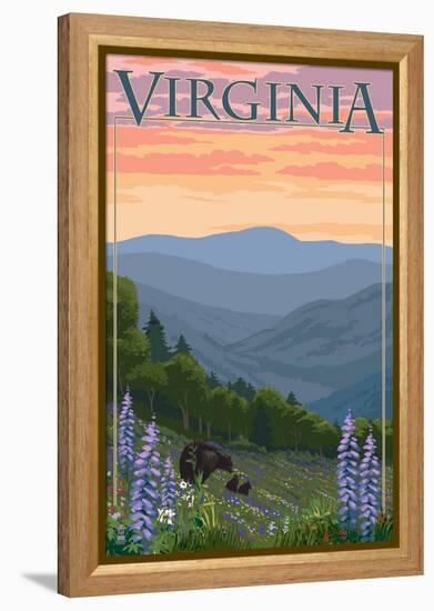 Virginia - Black Bear and Cubs Spring Flowers-Lantern Press-Framed Stretched Canvas