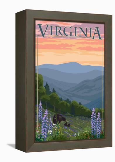 Virginia - Black Bear and Cubs Spring Flowers-Lantern Press-Framed Stretched Canvas
