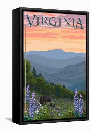 Virginia - Black Bear and Cubs Spring Flowers-Lantern Press-Framed Stretched Canvas