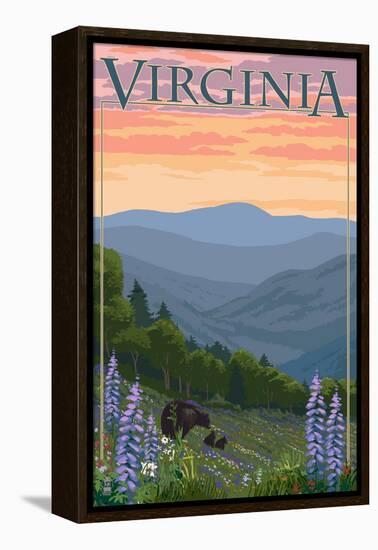 Virginia - Black Bear and Cubs Spring Flowers-Lantern Press-Framed Stretched Canvas