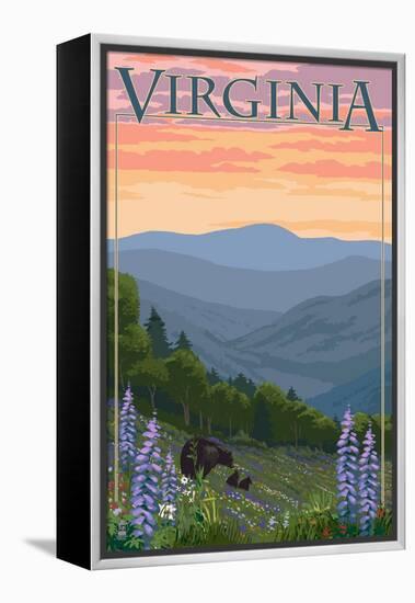 Virginia - Black Bear and Cubs Spring Flowers-Lantern Press-Framed Stretched Canvas