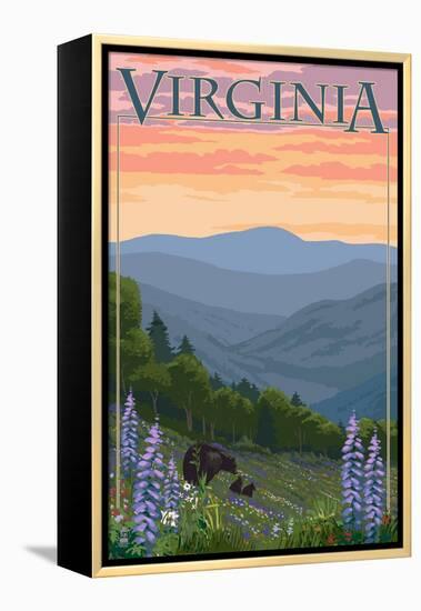 Virginia - Black Bear and Cubs Spring Flowers-Lantern Press-Framed Stretched Canvas