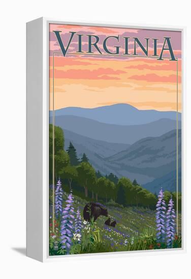 Virginia - Black Bear and Cubs Spring Flowers-Lantern Press-Framed Stretched Canvas