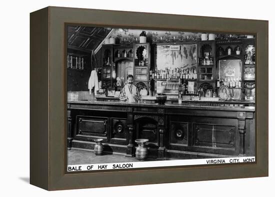 Virginia City, Montana - Interior View of Bale of Hay Saloon-Lantern Press-Framed Stretched Canvas